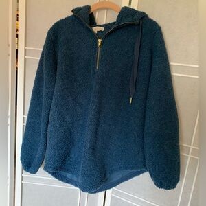 Loft, Blue fleece half zip pullover hoodie. Sherpa-look, heavier feel. Size XS
